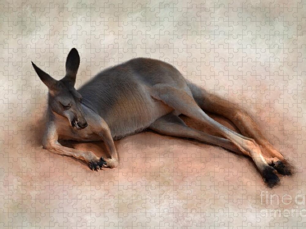 Kangourou Jigsaw Puzzle featuring the mixed media Sleeping Kangaroo by Lucie Dumas