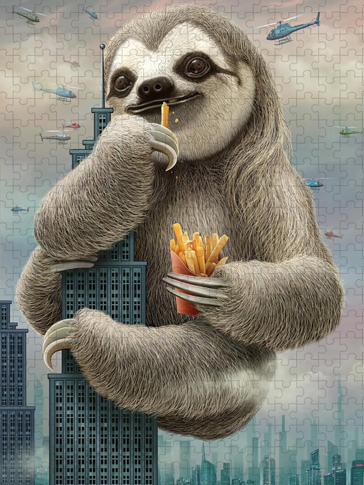 Sloth Jigsaw Puzzle featuring the digital art Sloth Attack City by Adam Lawless