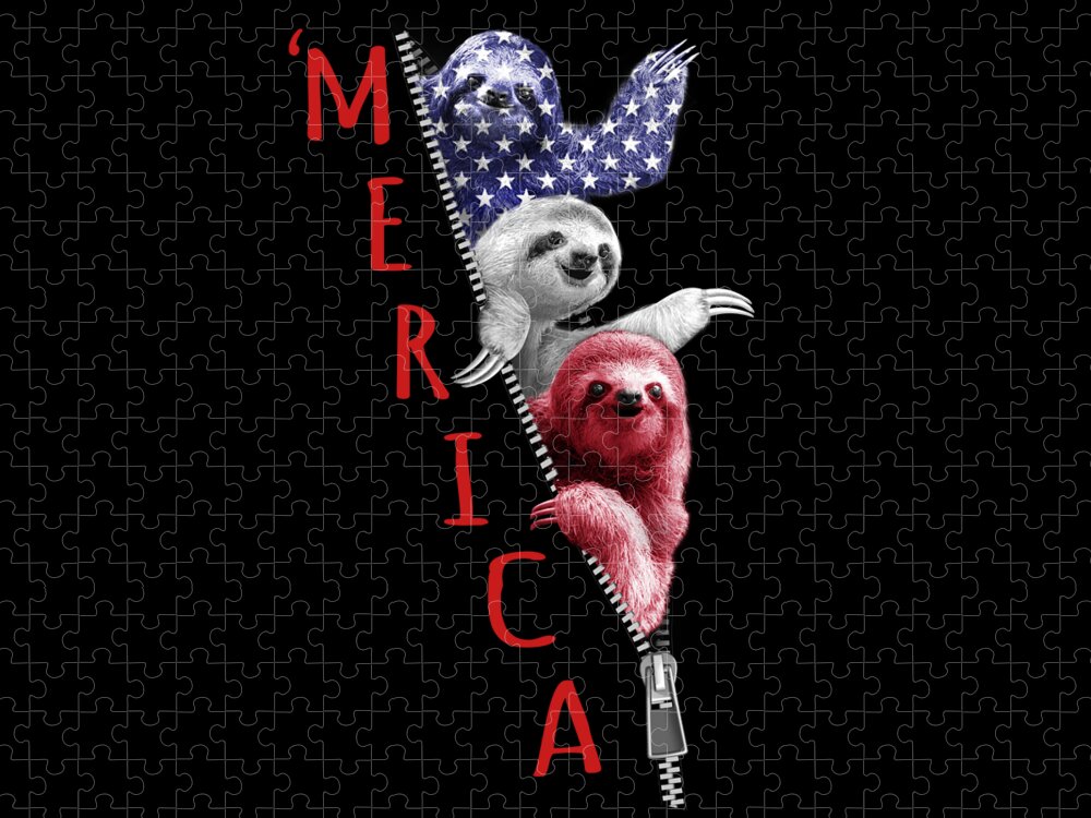 Merica Jigsaw Puzzle featuring the digital art Sloth Merica Sloth In Zipper Graphic American Flag by Fancy Lifestyle Art