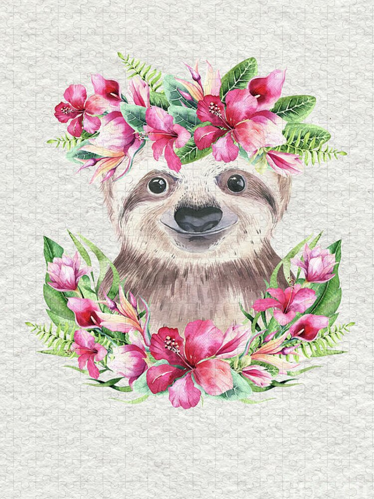 Sloth With Flowers Jigsaw Puzzle featuring the painting Sloth With Flowers by Nursery Art