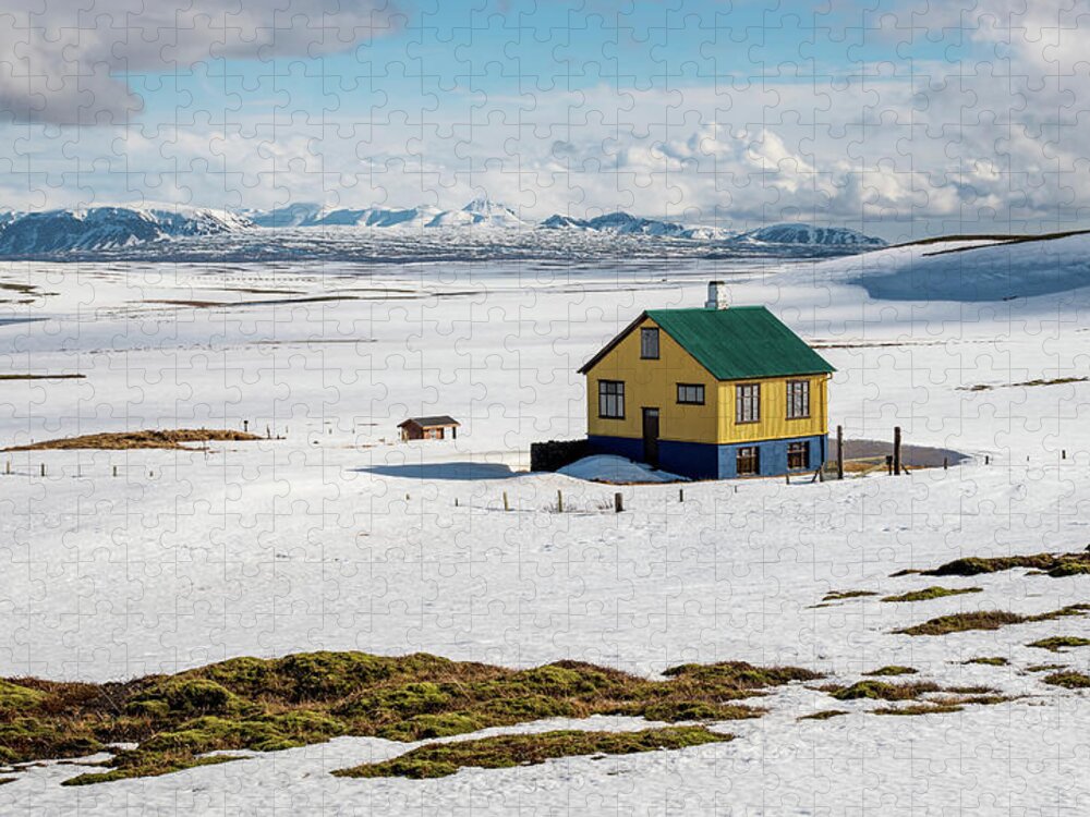 Iceland Jigsaw Puzzle featuring the photograph Small cottage house in snow in Reykjanes in winter in Iceland by Michalakis Ppalis