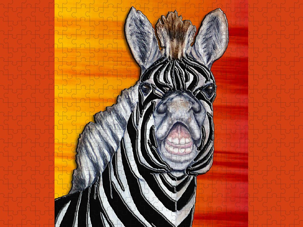 Zebra Jigsaw Puzzle featuring the mixed media Smiling Zebra in Orange by Kelly Mills