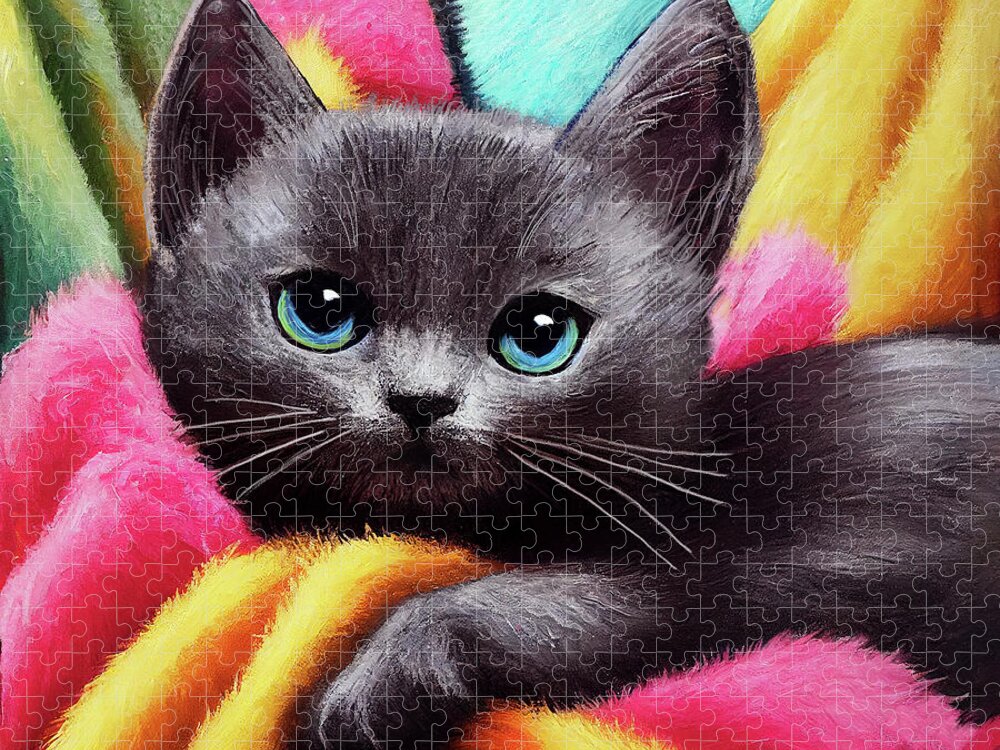 Gray Kitten Jigsaw Puzzle featuring the digital art Smoke Gray Kitten on a Colorful Blanket by Mark Tisdale