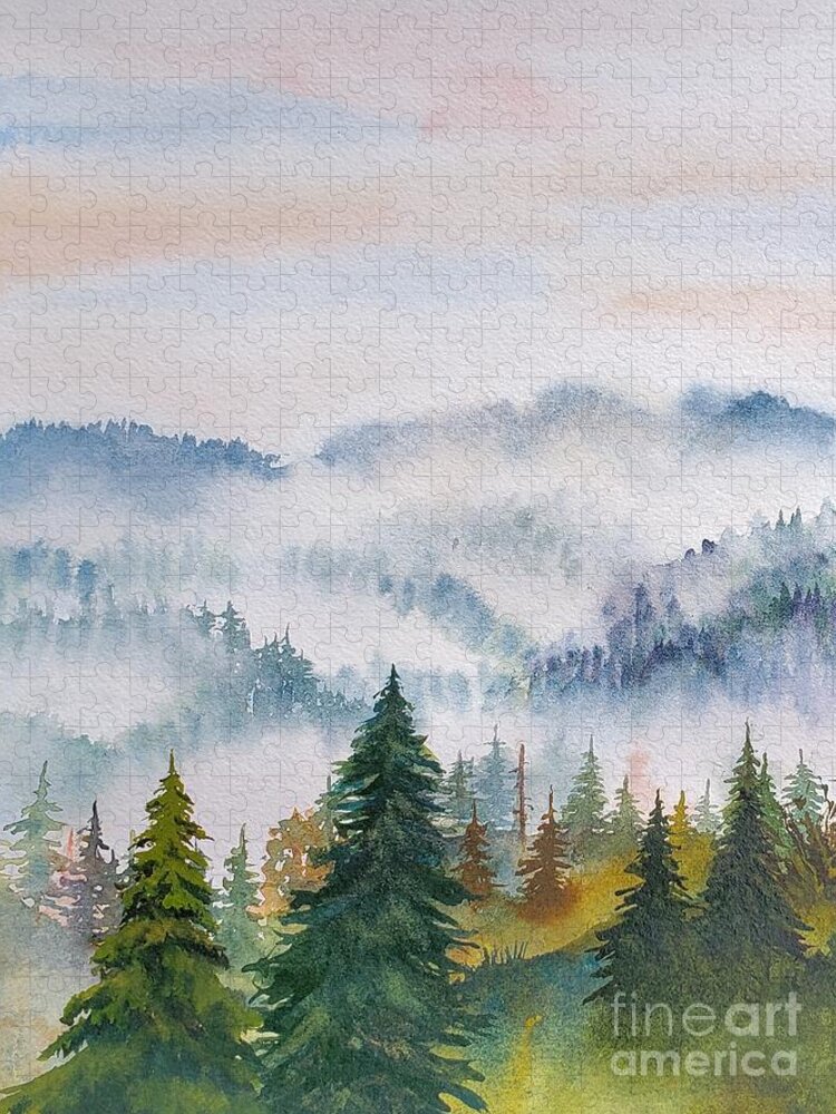 Trees Jigsaw Puzzle featuring the painting Smoke in the Mountains 1 by Lisa Debaets