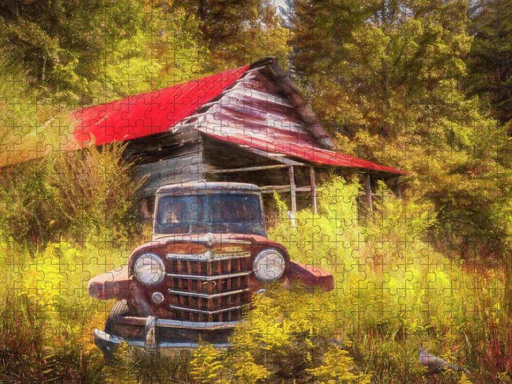 Barns Jigsaw Puzzle featuring the photograph Smoky Mountain Barn and Jeep in the Autumn Painting by Debra and Dave Vanderlaan