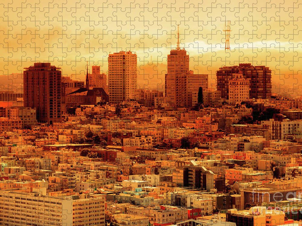 San Francisco Jigsaw Puzzle featuring the photograph Smoky orange sky in San Francisco wildfire by Benny Marty