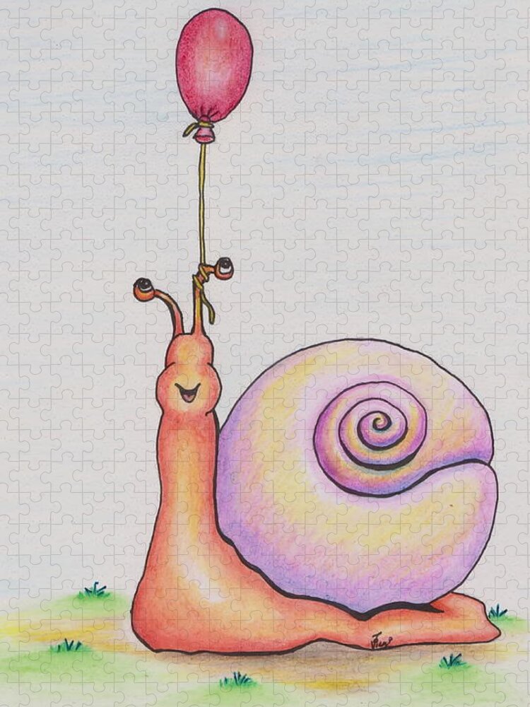 Snail Jigsaw Puzzle featuring the drawing Snail With Red Balloon by Vicki Noble