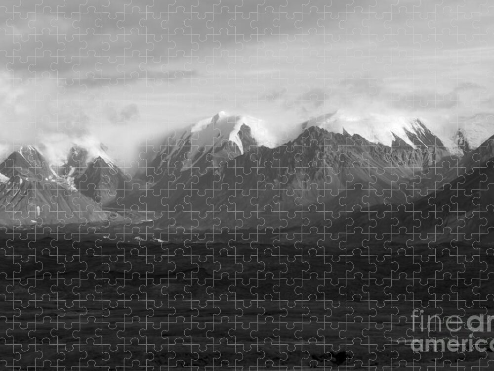 Alaska Range Jigsaw Puzzle featuring the photograph Snow Capped Mountains in Denali National Park in Black and White by L Bosco