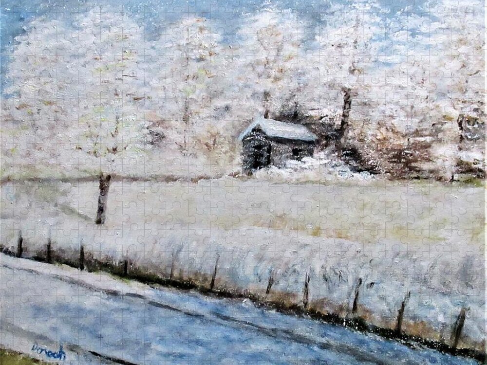 Landscape Jigsaw Puzzle featuring the painting Winter Shed by Gregory Dorosh