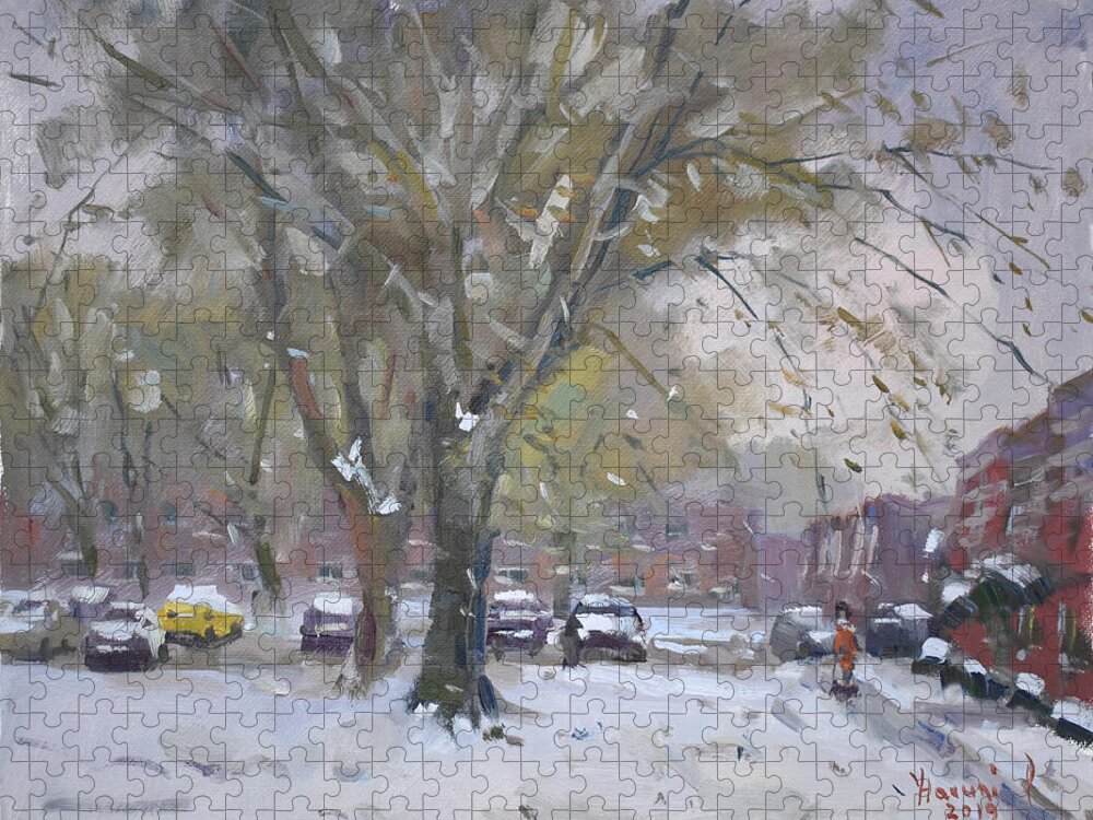 Snow Jigsaw Puzzle featuring the painting Snowfall at Royal Park Apartments by Ylli Haruni