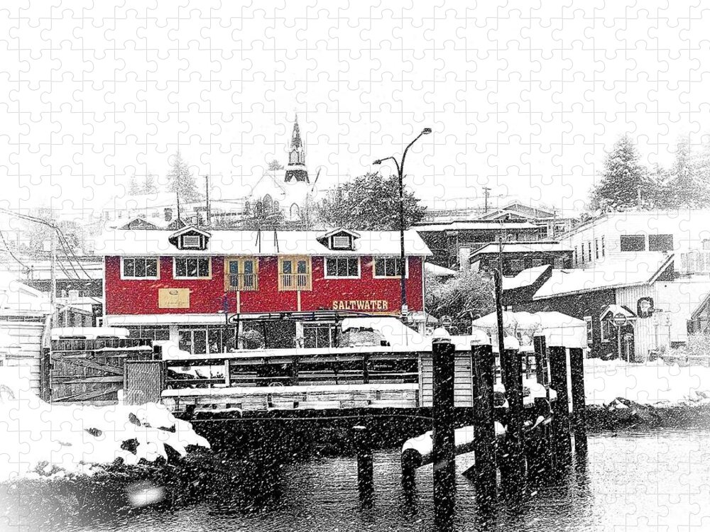 Selective Color Jigsaw Puzzle featuring the photograph Snowing Poulsbo Waterfront by Jerry Abbott
