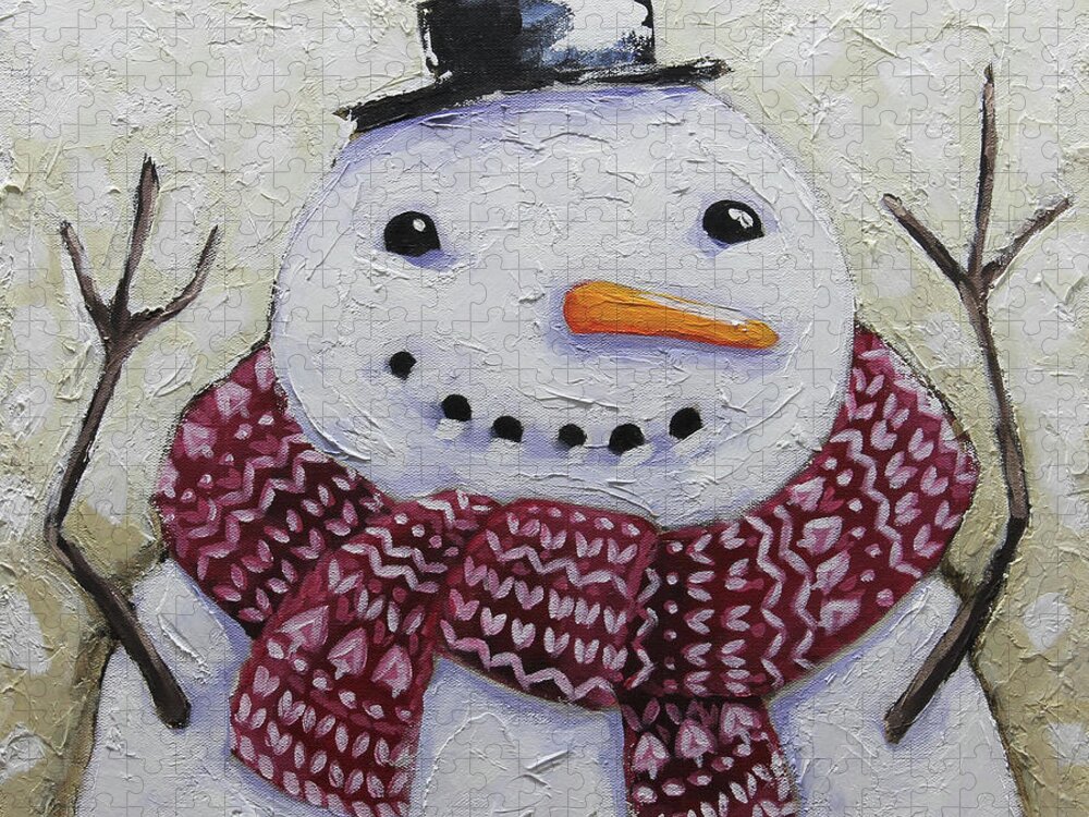 Snowman Painting Jigsaw Puzzle featuring the painting Snowman in the red scarf by Lucia Stewart
