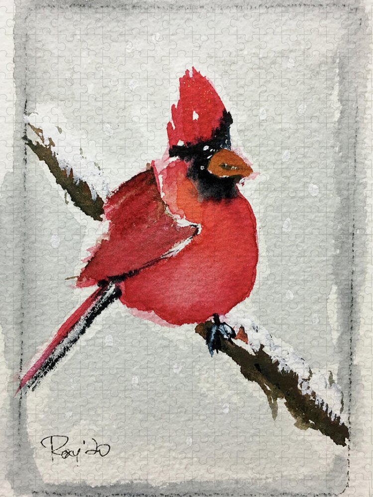 Grand Tit Jigsaw Puzzle featuring the painting Snowy Cardinal by Roxy Rich