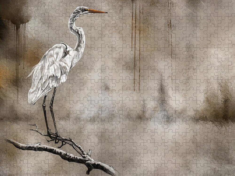 Abstract Jigsaw Puzzle featuring the digital art Snowy Egret on a Branch by Shawn Conn
