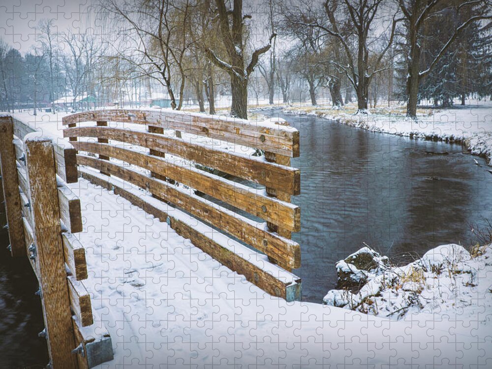 Snow Jigsaw Puzzle featuring the photograph Snowy Footbridge Cedar Creek Park by Jason Fink