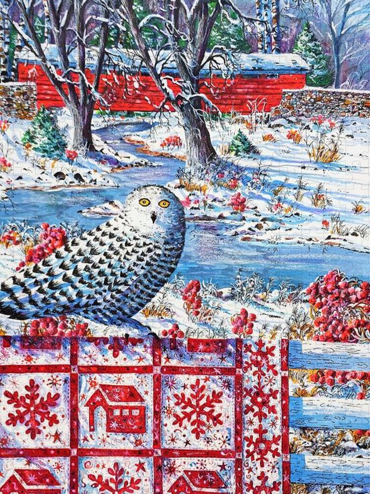 Winter Scene Of Covered Bridge And Snowy Owl With Red Covered Bridge And Snowflake Quilt. Jigsaw Puzzle featuring the painting Snowy Owl Visitor by Diane Phalen