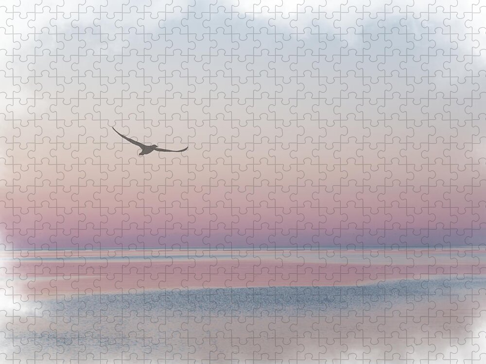 Sea Jigsaw Puzzle featuring the mixed media Soaring Over Cow Head Bay by Moira Law