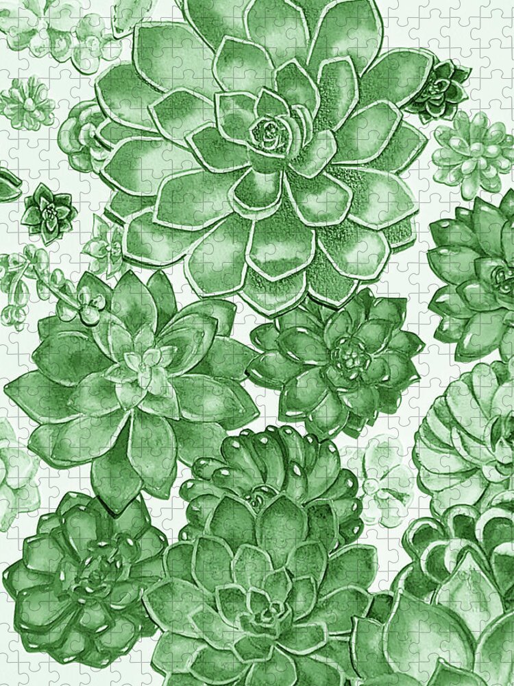 Succulent Jigsaw Puzzle featuring the painting Soft Green Succulent Plants Garden Watercolor Interior Art II by Irina Sztukowski