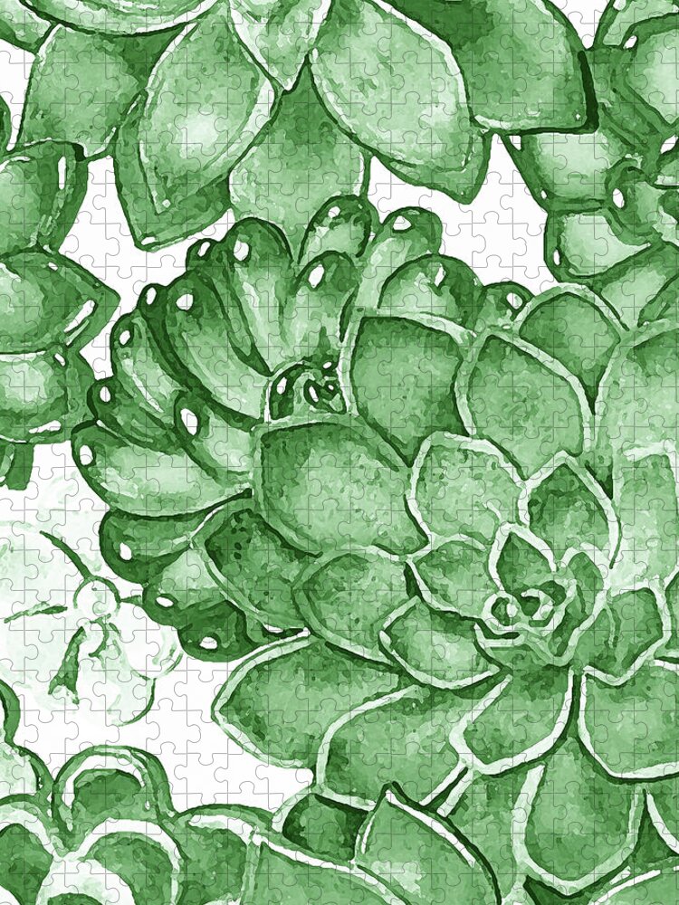 Succulent Jigsaw Puzzle featuring the painting Soft Green Succulent Plants Garden Watercolor Interior Art V by Irina Sztukowski