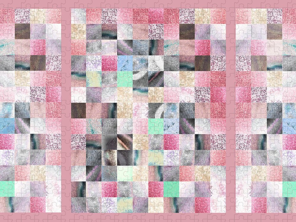 Quilt Jigsaw Puzzle featuring the painting Soft Pink And Gray Watercolor Squares Art Mosaic Quilt by Irina Sztukowski
