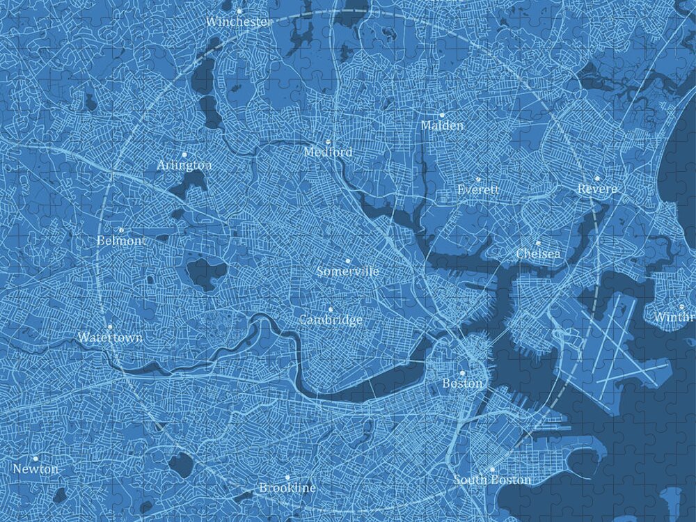 Massachusetts Jigsaw Puzzle featuring the digital art Somerville MA City Vector Road Map Blue Text by Frank Ramspott