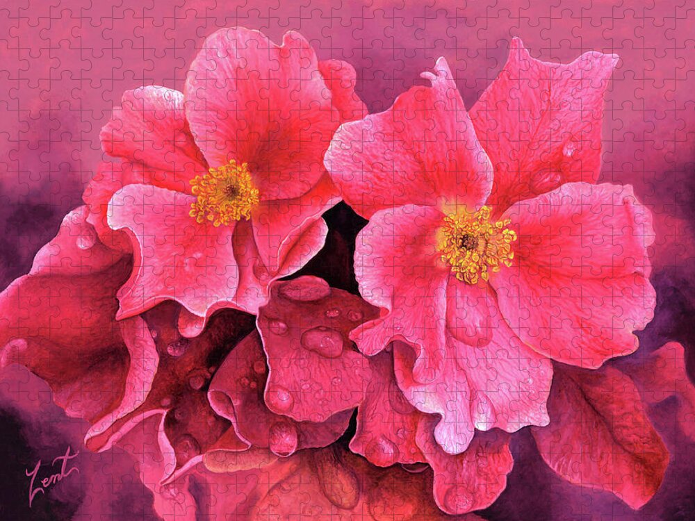 #songsof #roses #sister #named #water #droplets #red #garden #roses Jigsaw Puzzle featuring the painting Songs Of Wild Roses by June Pauline Zent