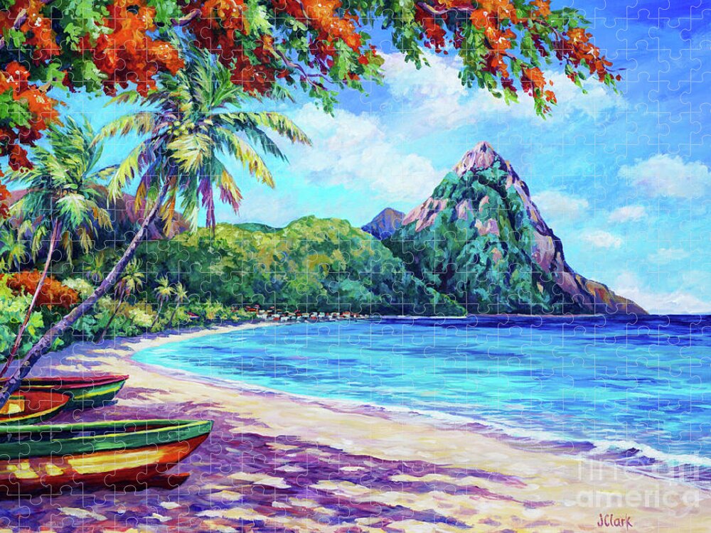 Soufriere Jigsaw Puzzle featuring the painting Soufriere Bay St Lucia by John Clark