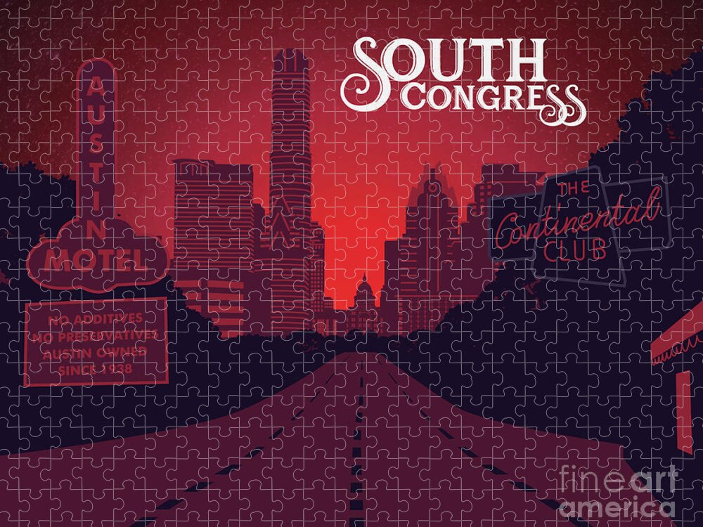 South Congress Avenue Jigsaw Puzzle featuring the painting South Congress oozes homespun character and boasts the story of Austins yesteryear in its boutiques, eateries, galleries and bars by Dan Herron