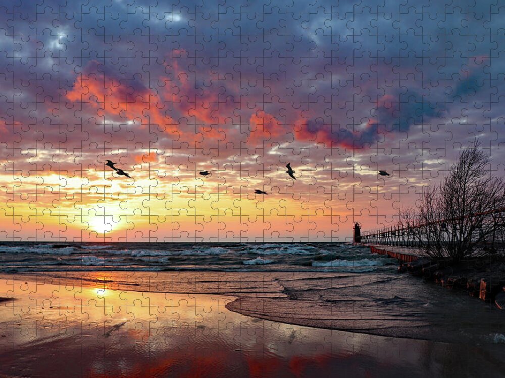 Sunset Jigsaw Puzzle featuring the photograph South Haven Beach Sunset by David T Wilkinson