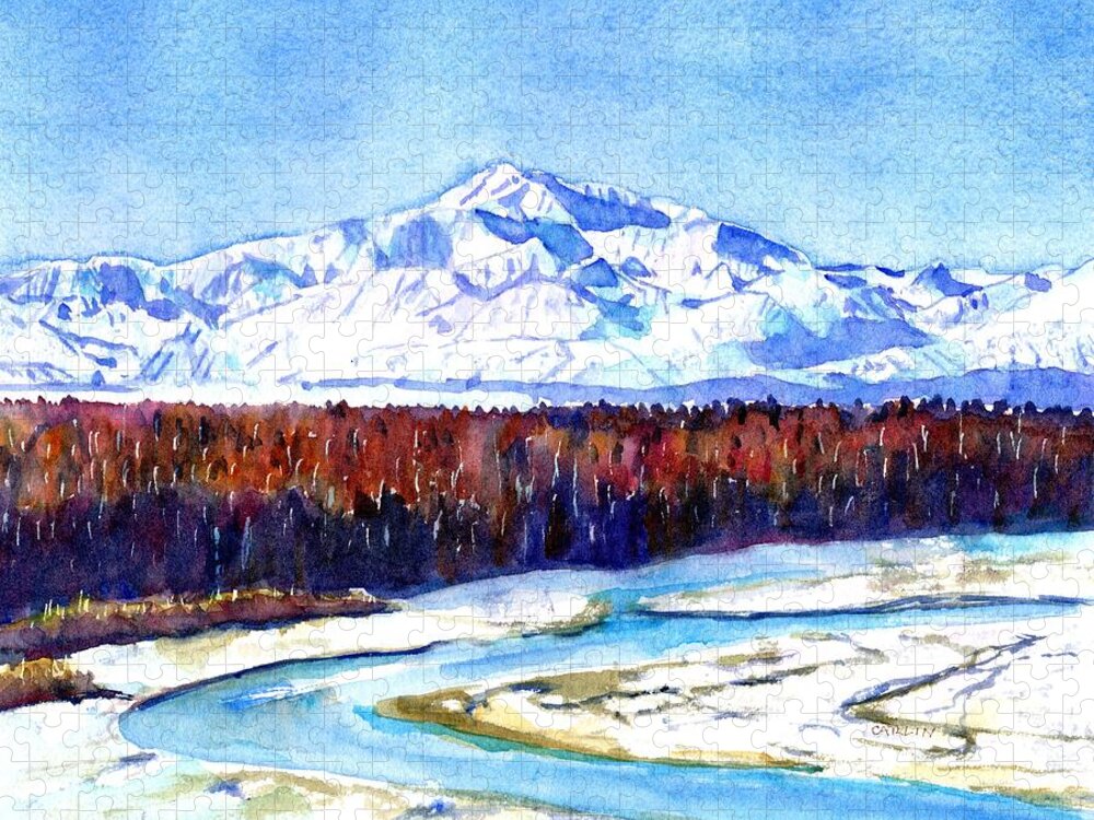 Denali Jigsaw Puzzle featuring the painting South Viewpoint Denali Mountain by Carlin Blahnik CarlinArtWatercolor