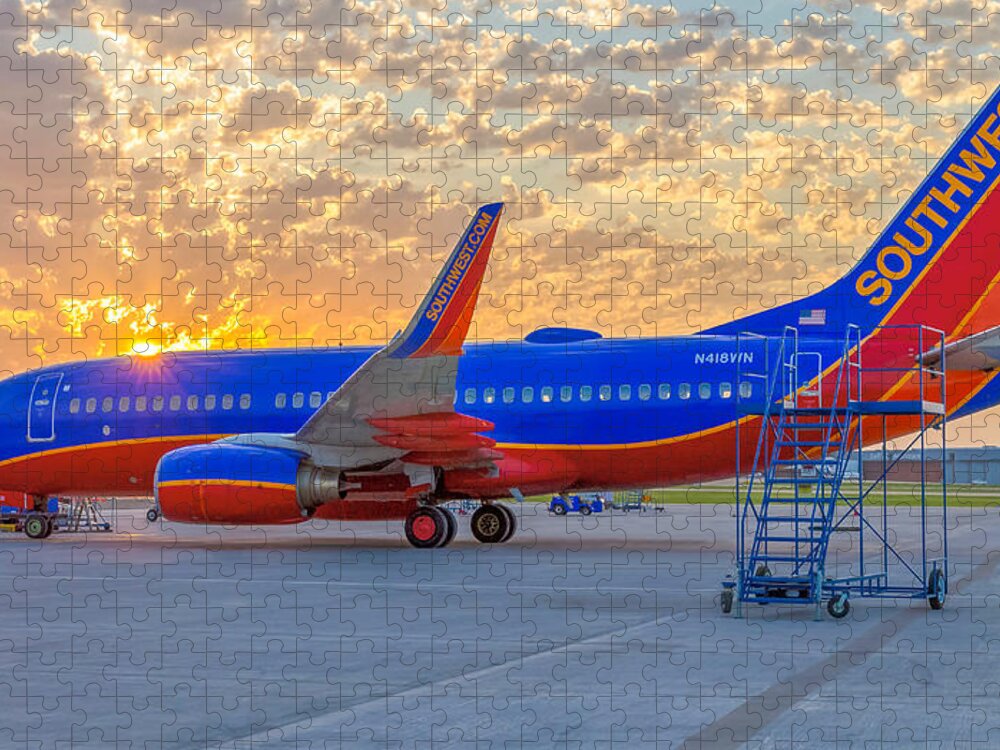 Southwest Airlines Boeing 737 The Winning Spirit During Sunrise Jigsaw Puzzle featuring the photograph Southwest Airlines 737 The Winning Spirit by Robert Bellomy