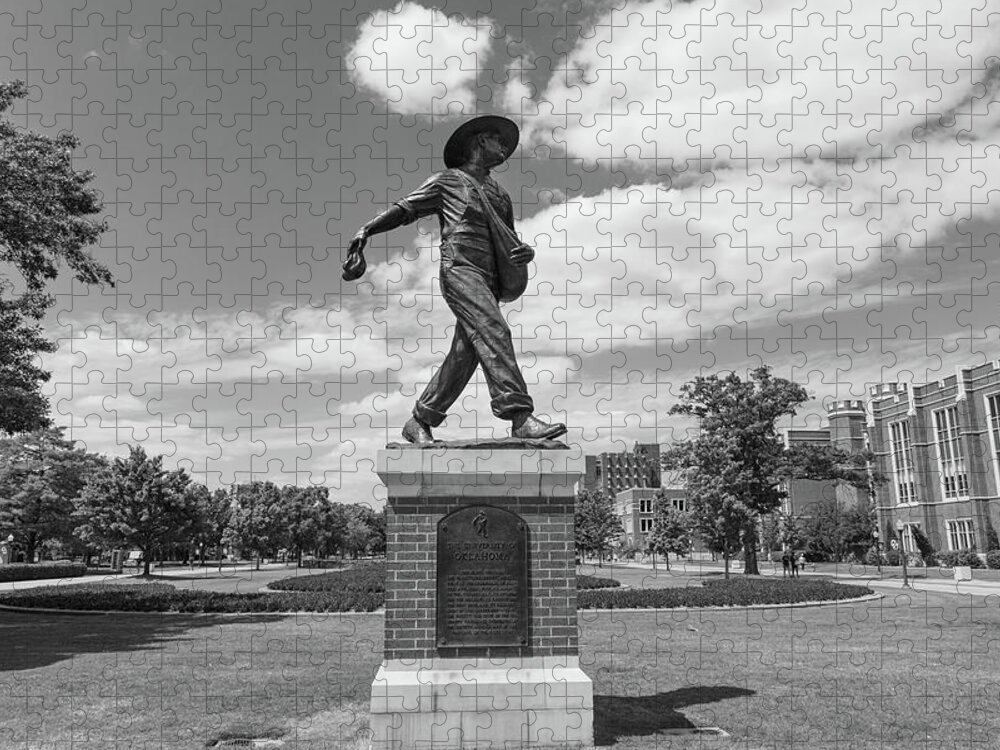 Big 12 Jigsaw Puzzle featuring the photograph Sower Statue on the campus of the University of Oklahoma in black and white by Eldon McGraw