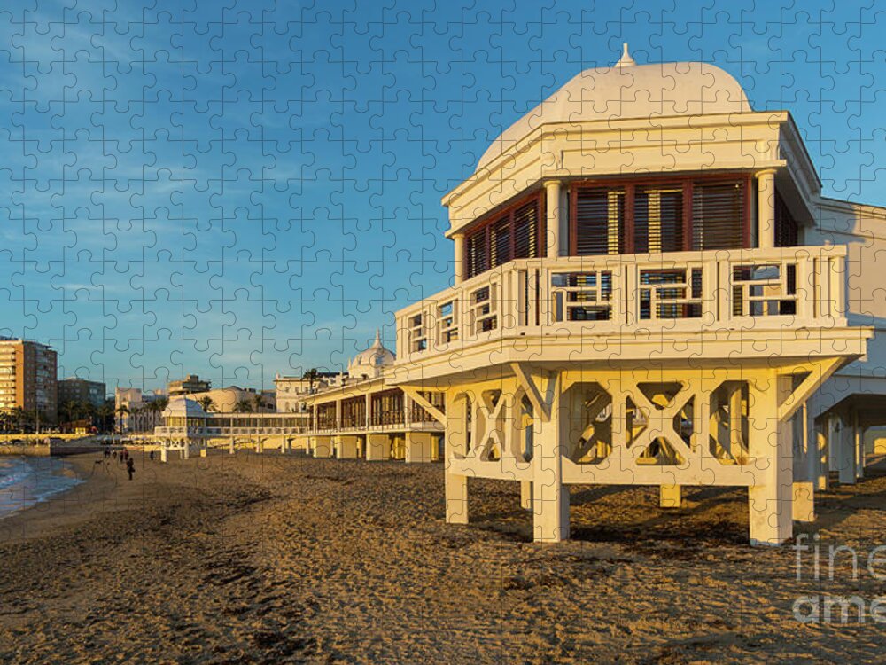 Seascape Jigsaw Puzzle featuring the photograph Spa at La Caleta under a Blue Sky Beach in Cadiz Andalusia by Pablo Avanzini