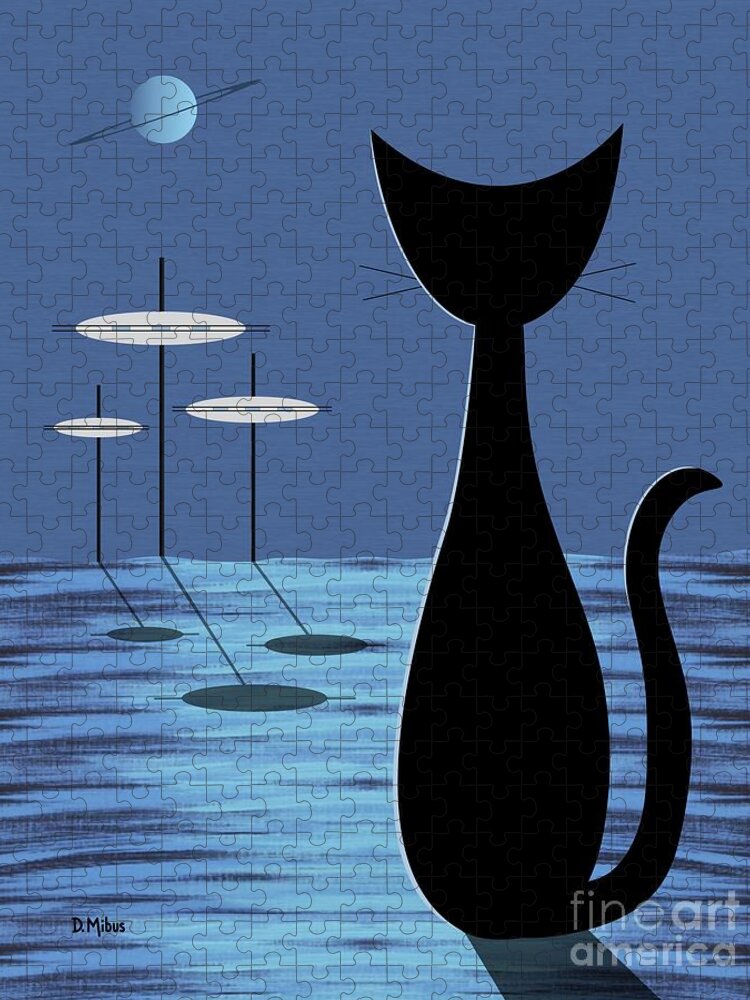 Cat Jigsaw Puzzle featuring the digital art Space Cat in Blue by Donna Mibus