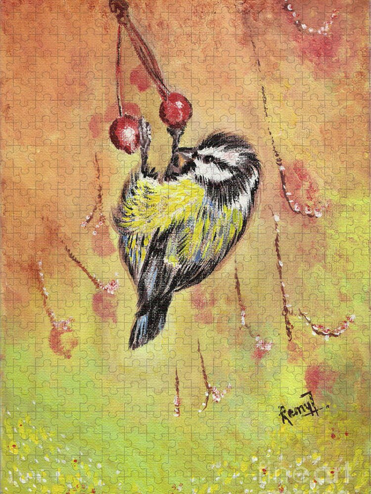 Acrylic Jigsaw Puzzle featuring the painting Sparrow who wants the berries by Remy Francis
