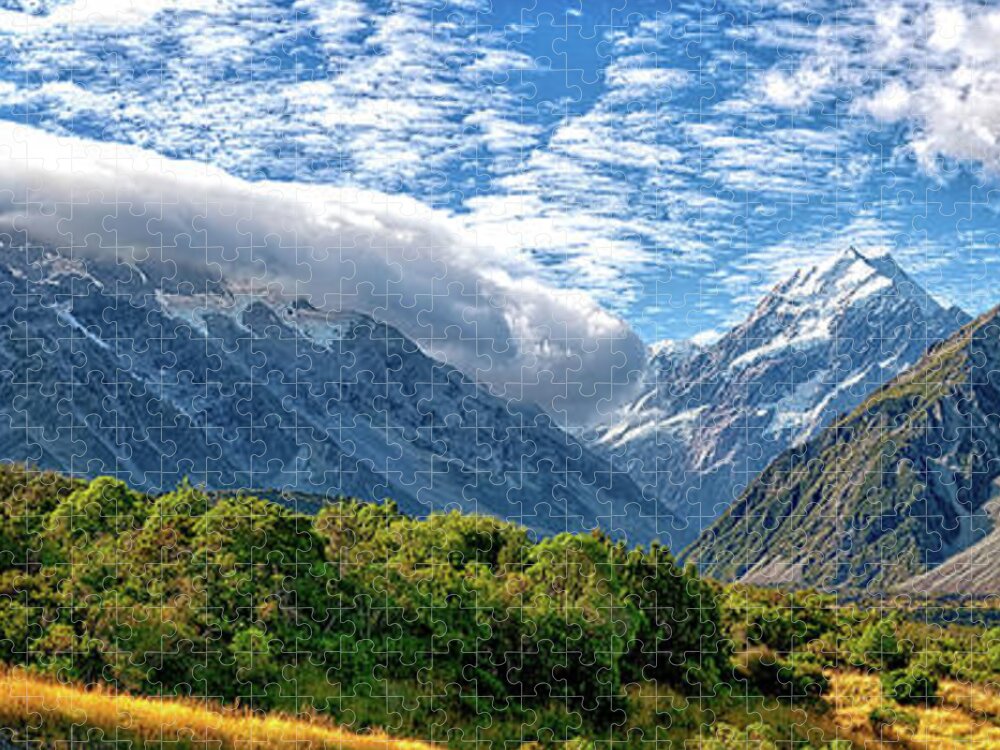 Beauty In Nature Jigsaw Puzzle featuring the painting Spectacular Aoraki Mount Cook Summit in New Zealand's Alpine Landscape by Lena Owens - OLena Art Vibrant Palette Knife and Graphic Design