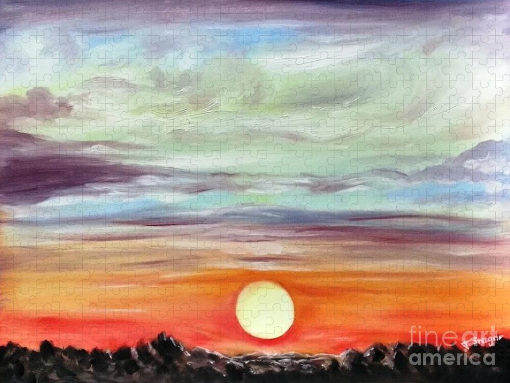 Sunset Jigsaw Puzzle featuring the painting Spectacular sunset by Tatiana Sragar