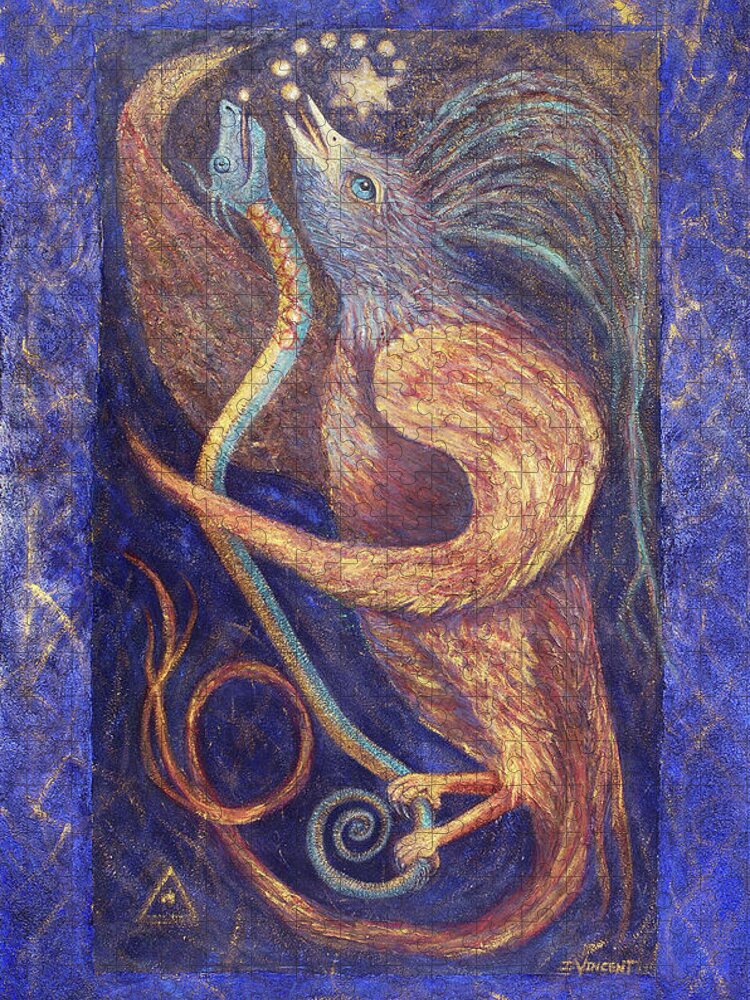 Spirit Bird Jigsaw Puzzle featuring the painting Spirit Bird and Snake Singing to the Stars by Irene Vincent