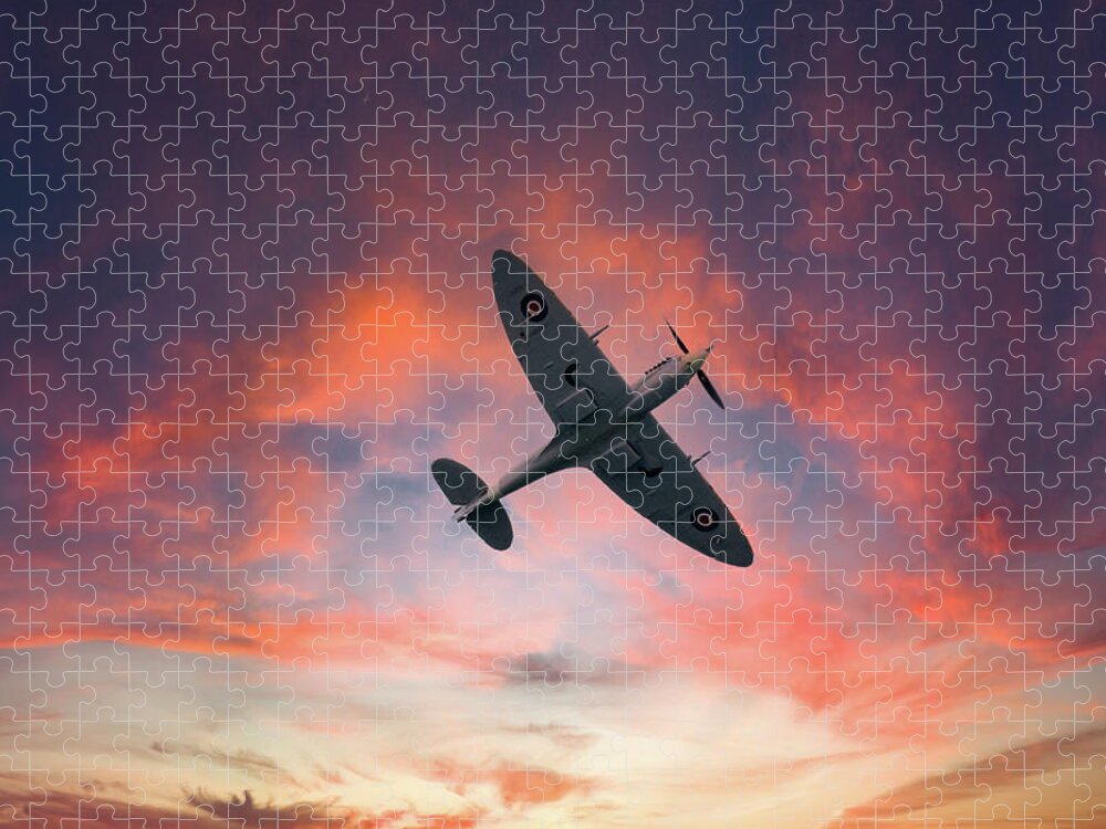 Eastbourne International Airshow Jigsaw Puzzle featuring the photograph Spitfire flying at sunset by Andrew Lalchan