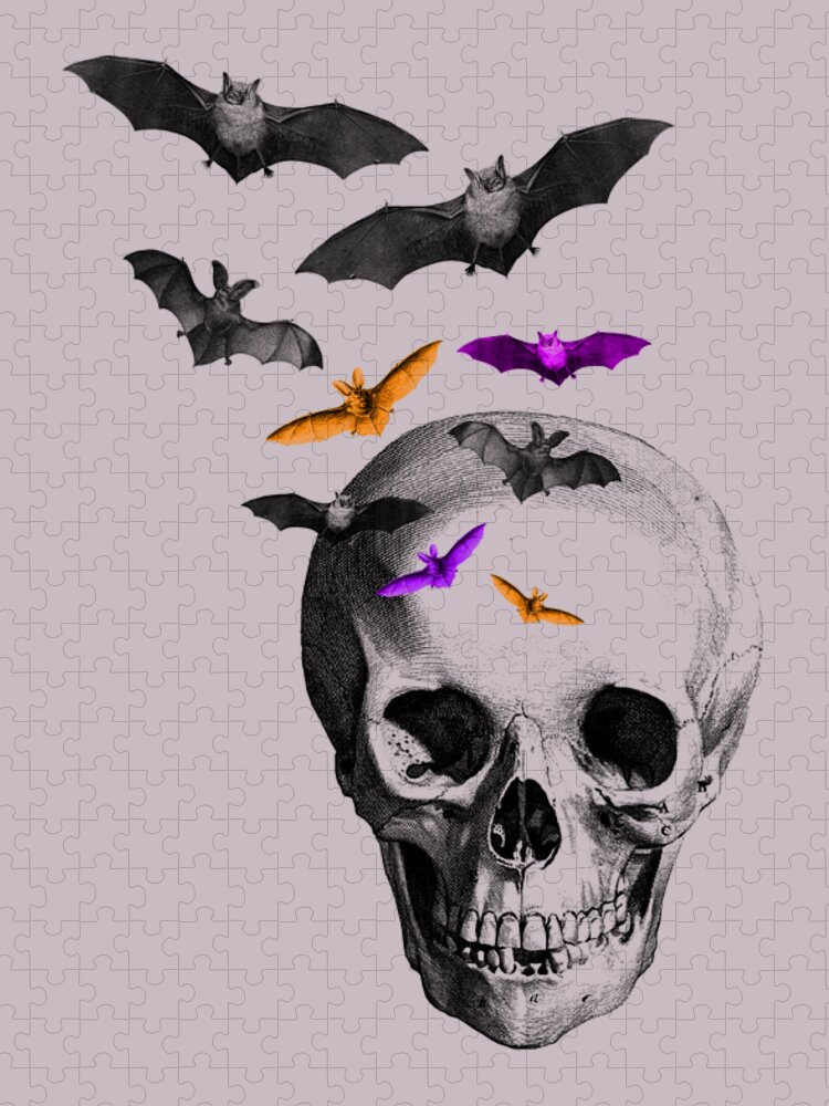 Bat Jigsaw Puzzle featuring the digital art Spooky Halloween Skull by Madame Memento