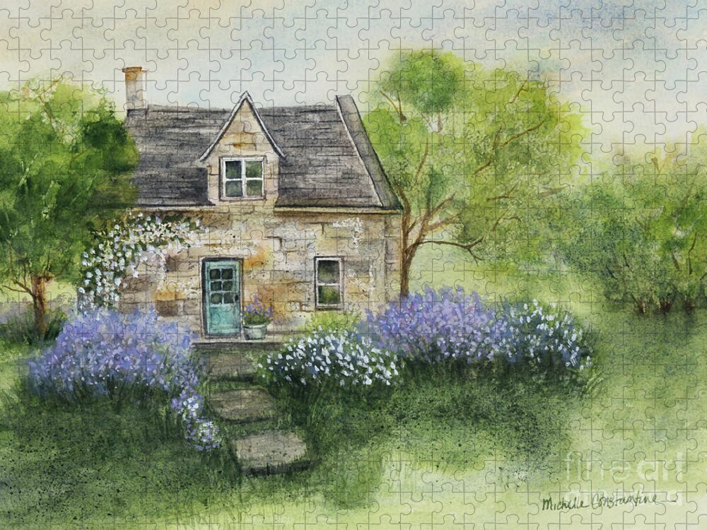 Spring At The Cottage Watercolor Painting Jigsaw Puzzle featuring the painting Spring at the Cottage by Michelle Constantine