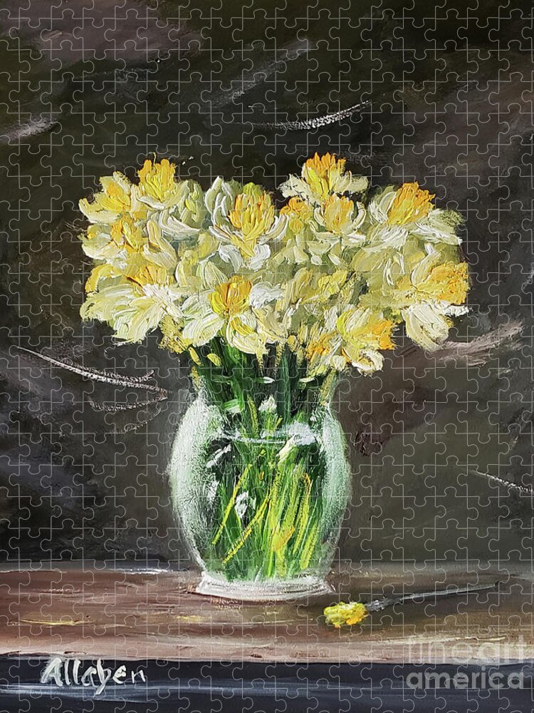 Still Life Jigsaw Puzzle featuring the painting Spring Daffodils by Stanton Allaben