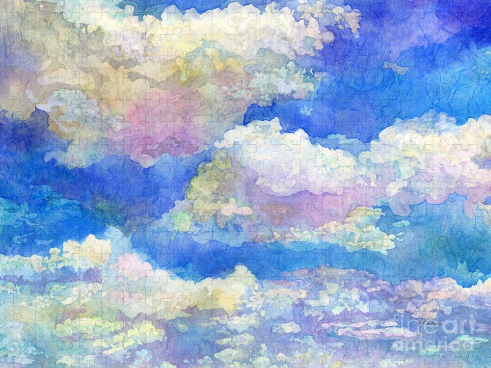Clouds Jigsaw Puzzle featuring the painting Spring Day-Fluffy Clouds by Hailey E Herrera