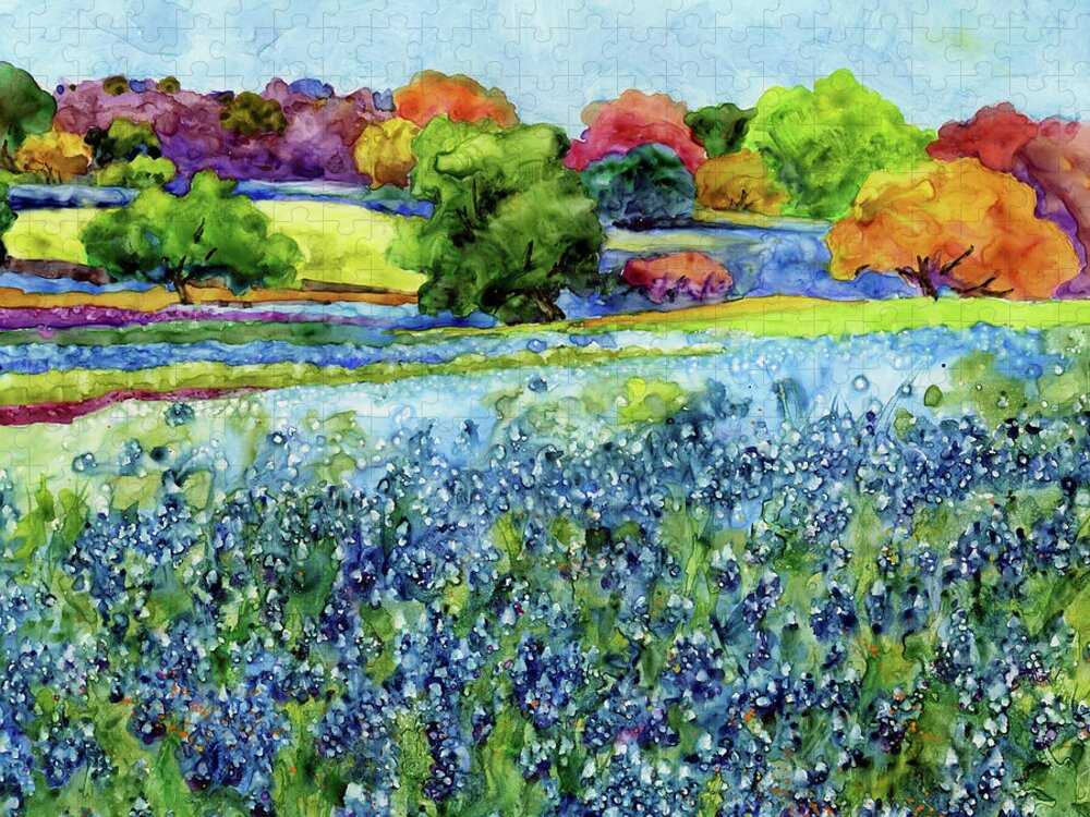 Bluebonnet Jigsaw Puzzle featuring the painting Spring Impressions - Bluebonnet and oak tree by Hailey E Herrera