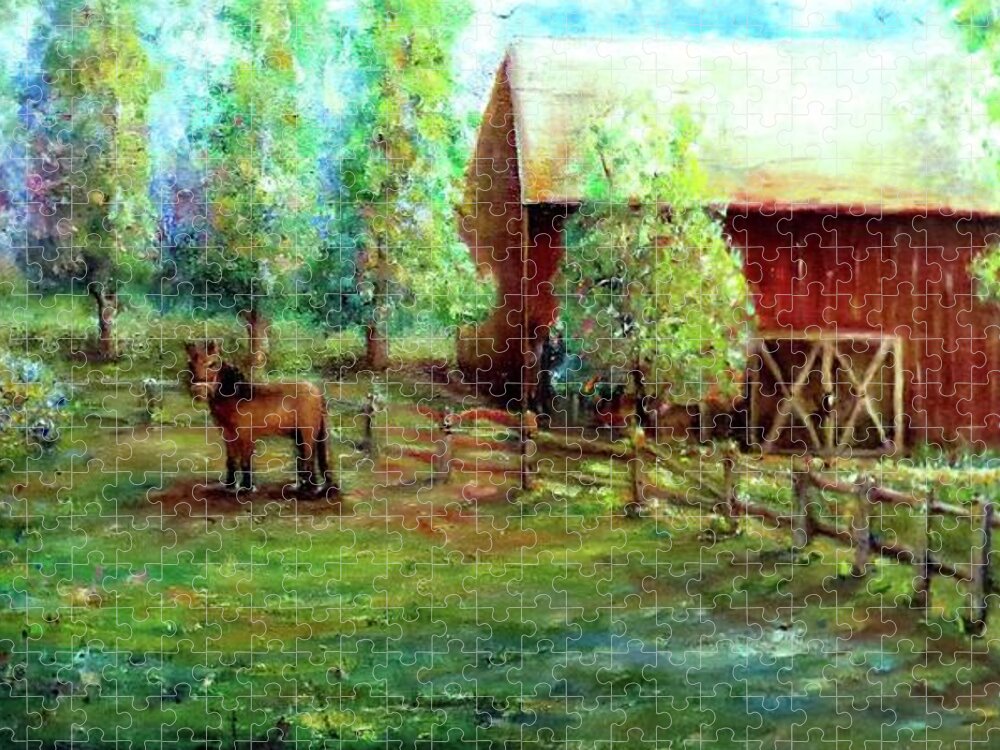 Horse Jigsaw Puzzle featuring the painting Springborn Horse Farm by Bernadette Krupa