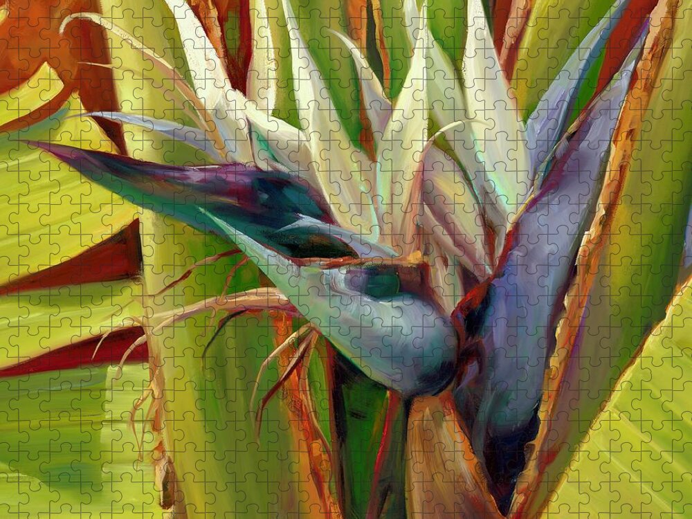 Tropical Plants Jigsaw Puzzle featuring the painting Square White Bird of Paradise. by Laurie Snow Hein