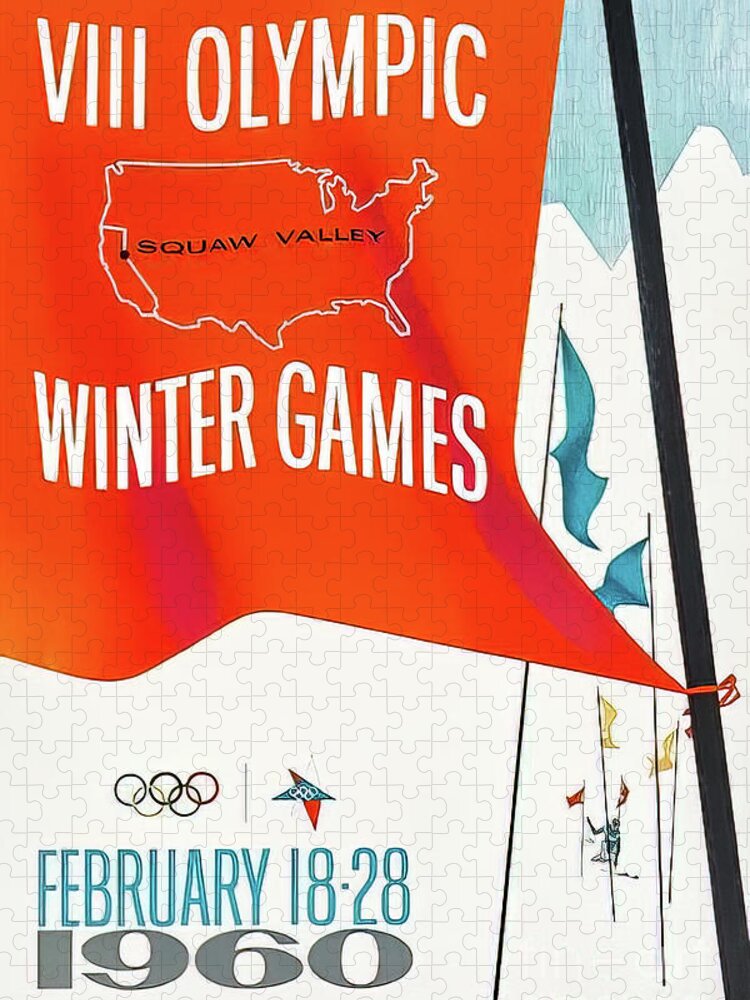 1960 Jigsaw Puzzle featuring the drawing Squaw Valley California 1960 Winter Olympic Ski Poster by M G Whittingham