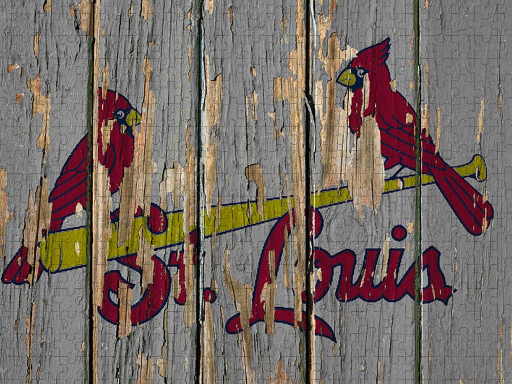 St. Louis Cardinals Jigsaw Puzzle featuring the mixed media St. Louis Cardinals Vintage Logo on Old Wall by Design Turnpike