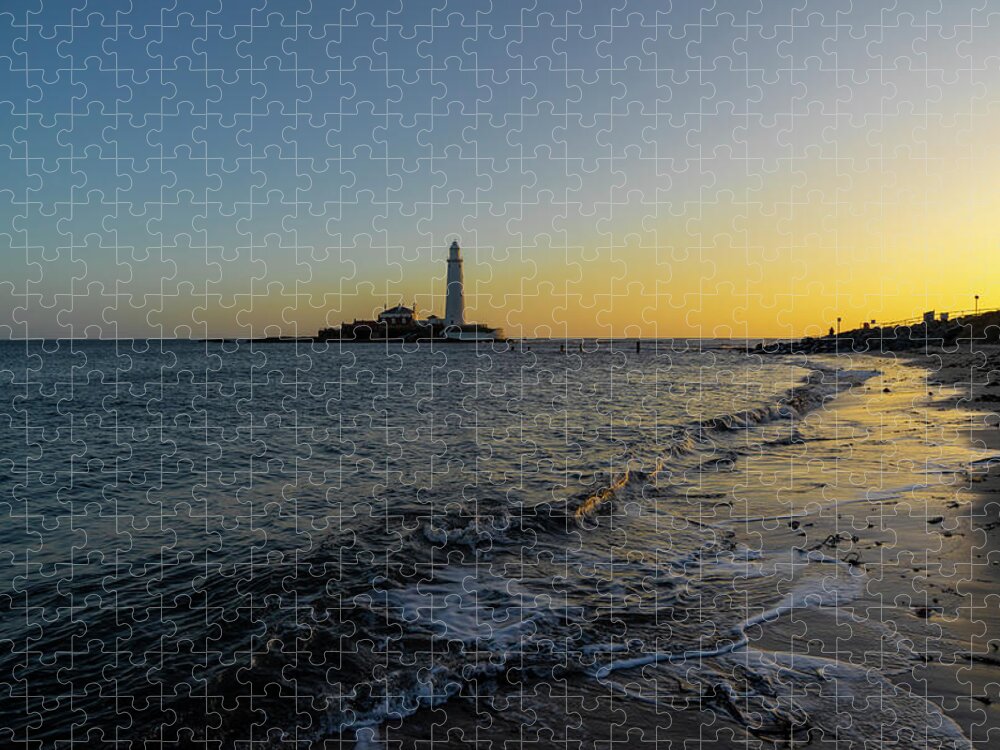 St Marys Lighthouse Jigsaw Puzzle featuring the mixed media St Marys Lighthouse Sunrise by Smart Aviation