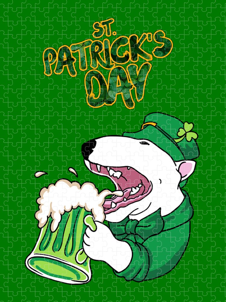 Fun Design For All Bull Terrier Lovers To Celebrate St. Patrick's Day. Cheers! Jigsaw Puzzle featuring the digital art St Patricks Bull Terrier by Jindra Noewi